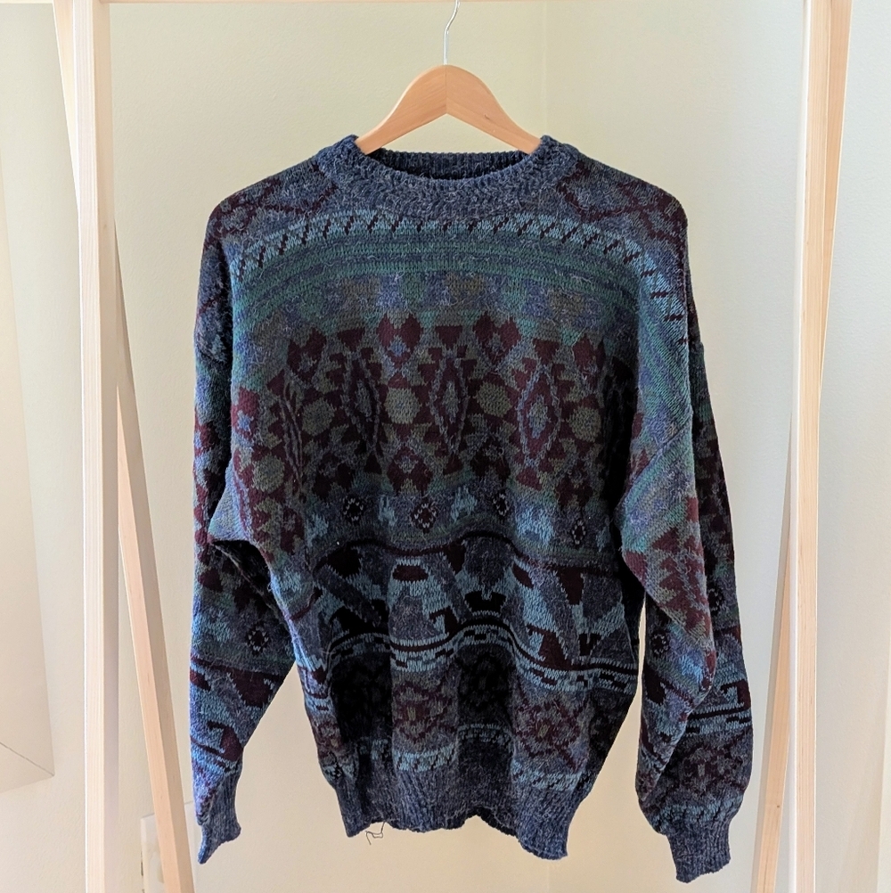Vintage Abstract Geometric Crewneck Sweater In Blue/Burgundy - Picture 3 of 7